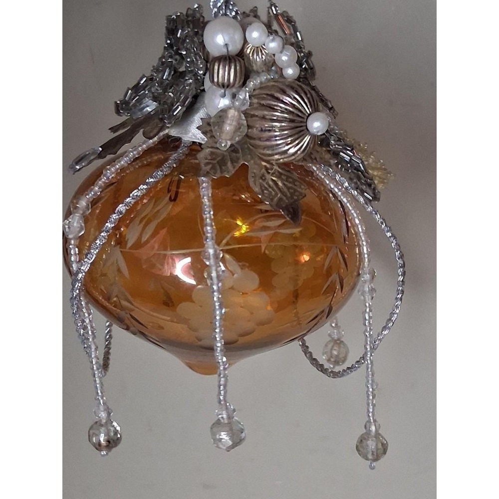 Vintage Beaded Glass Christmas Ornament Hand Decorated Etched Gold Bauble 3.5"